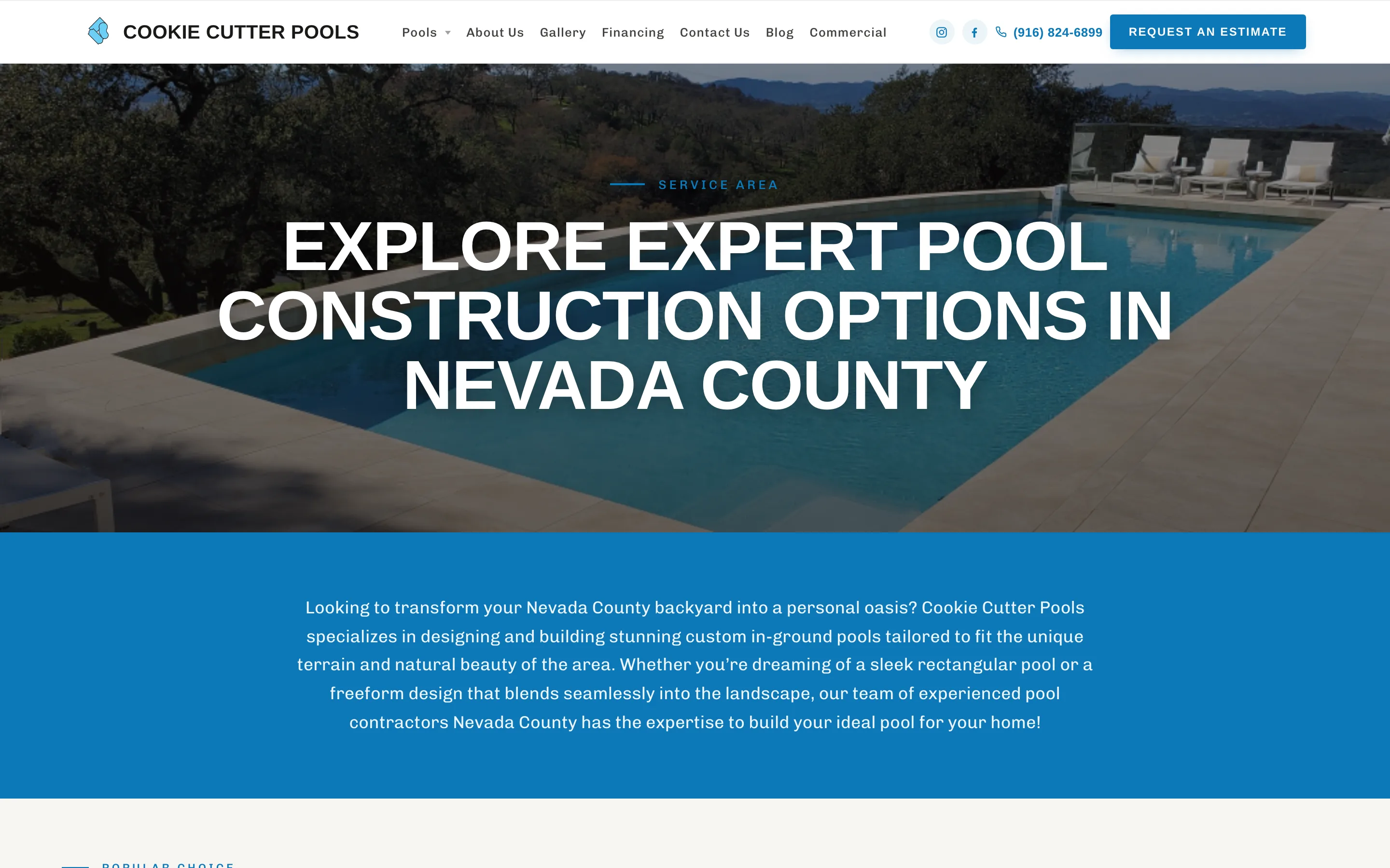 The Cookie Cutter Pools Nevada County page with a pool overlooking hills