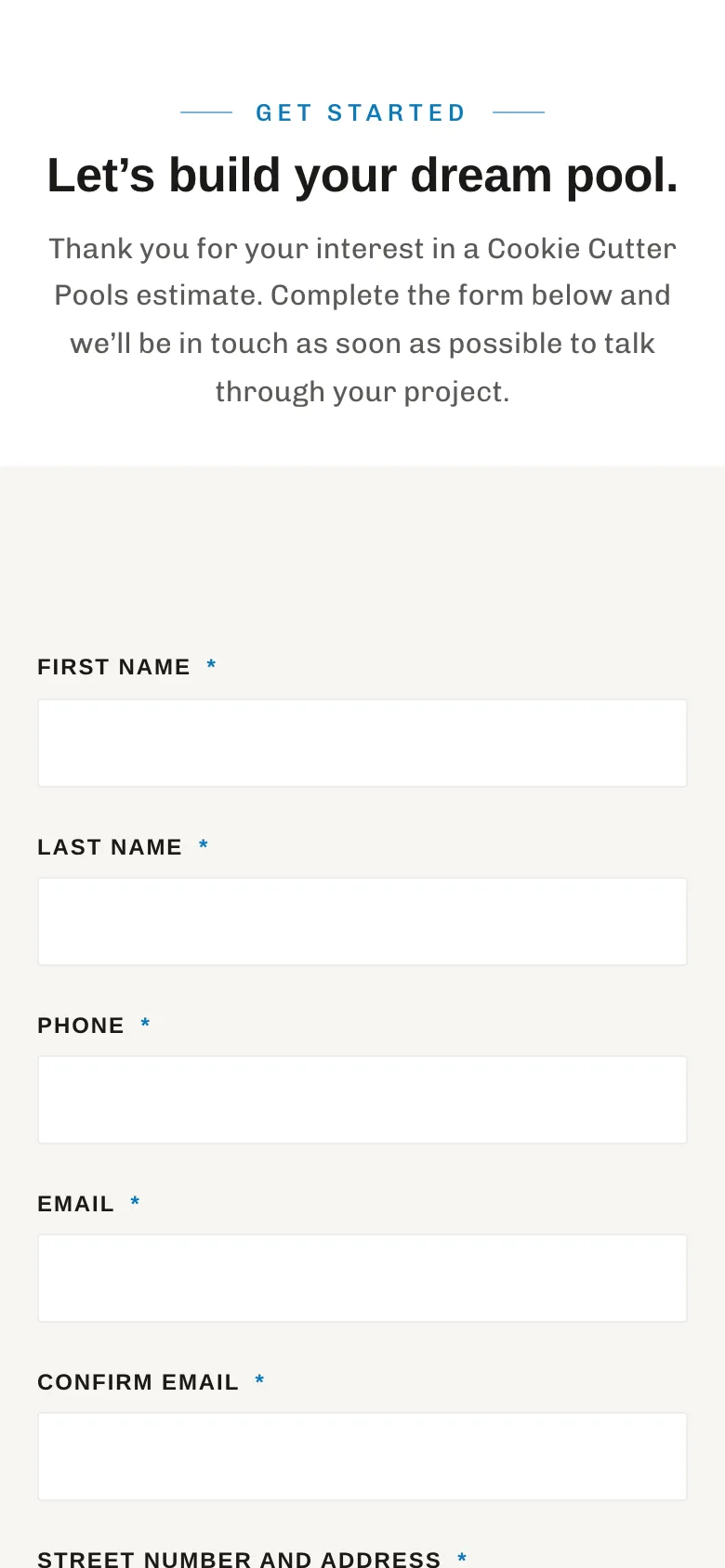 The Cookie Cutter Pools estimate form on a phone