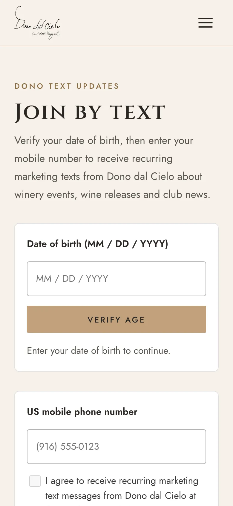 The Dono text sign-up form on a phone, asking for a date of birth first