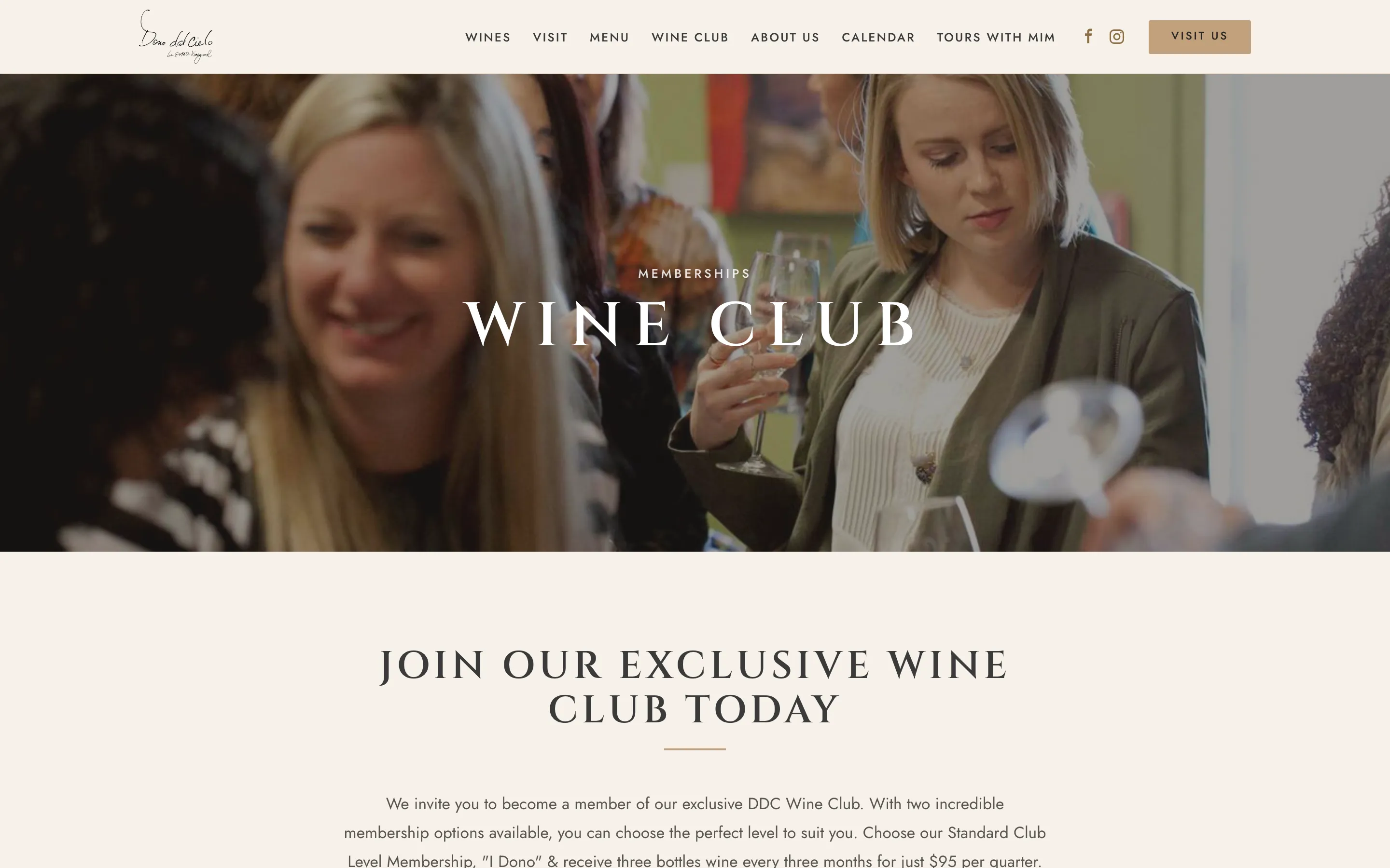 The Dono dal Cielo wine club page showing the two membership levels