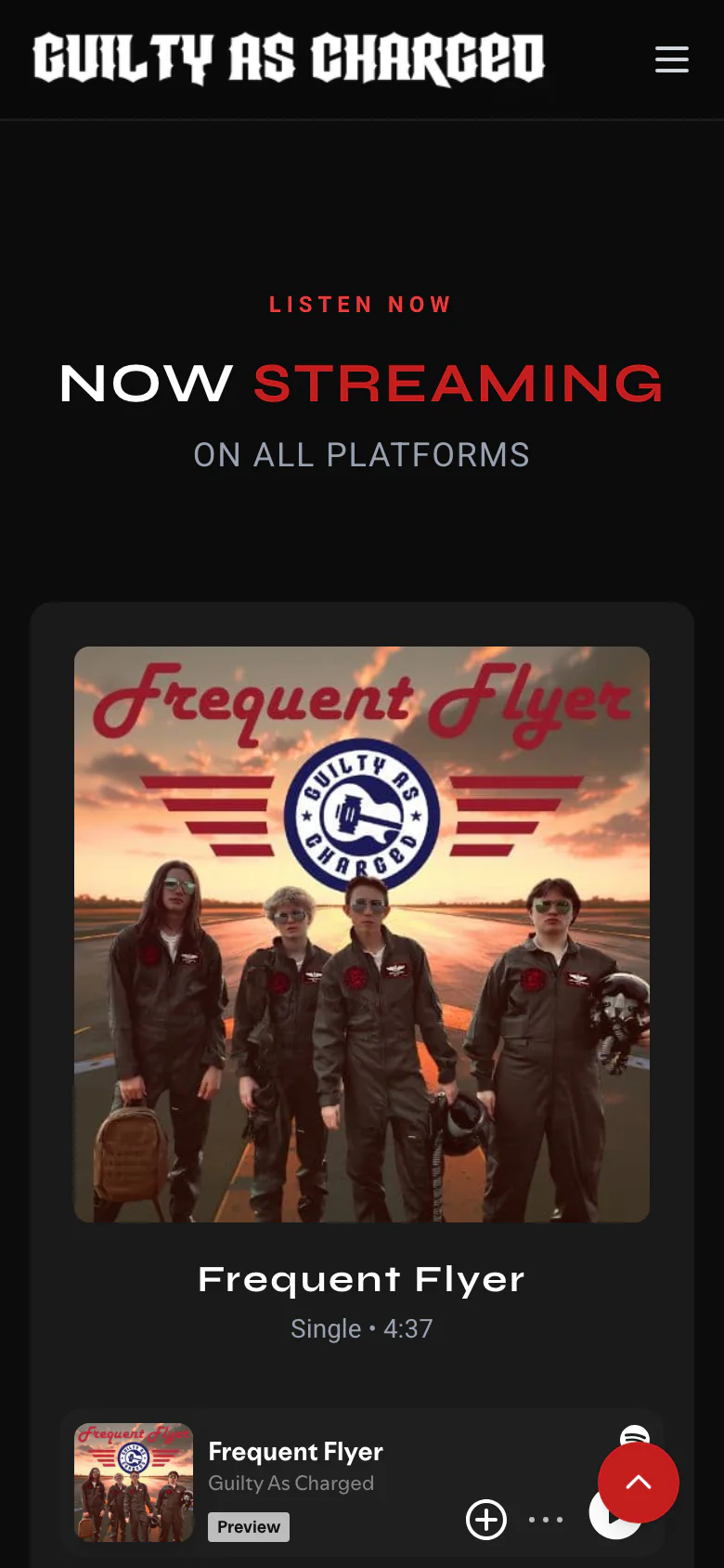 The Guilty As Charged music section on a phone, with the Frequent Flyer single and a player