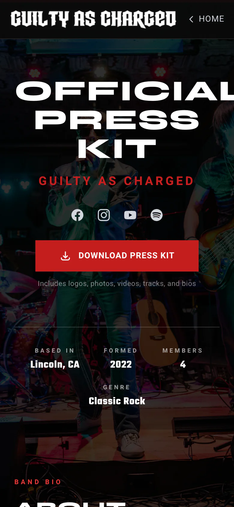 The Guilty As Charged press kit on a phone, with the Download Press Kit button and the band's facts