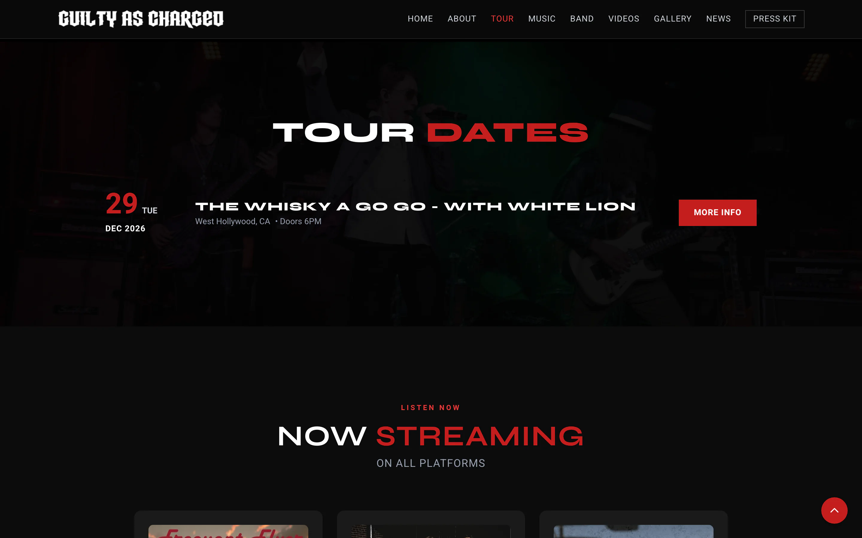 The Guilty As Charged tour dates section, showing an upcoming show at the Whisky a Go Go with White Lion