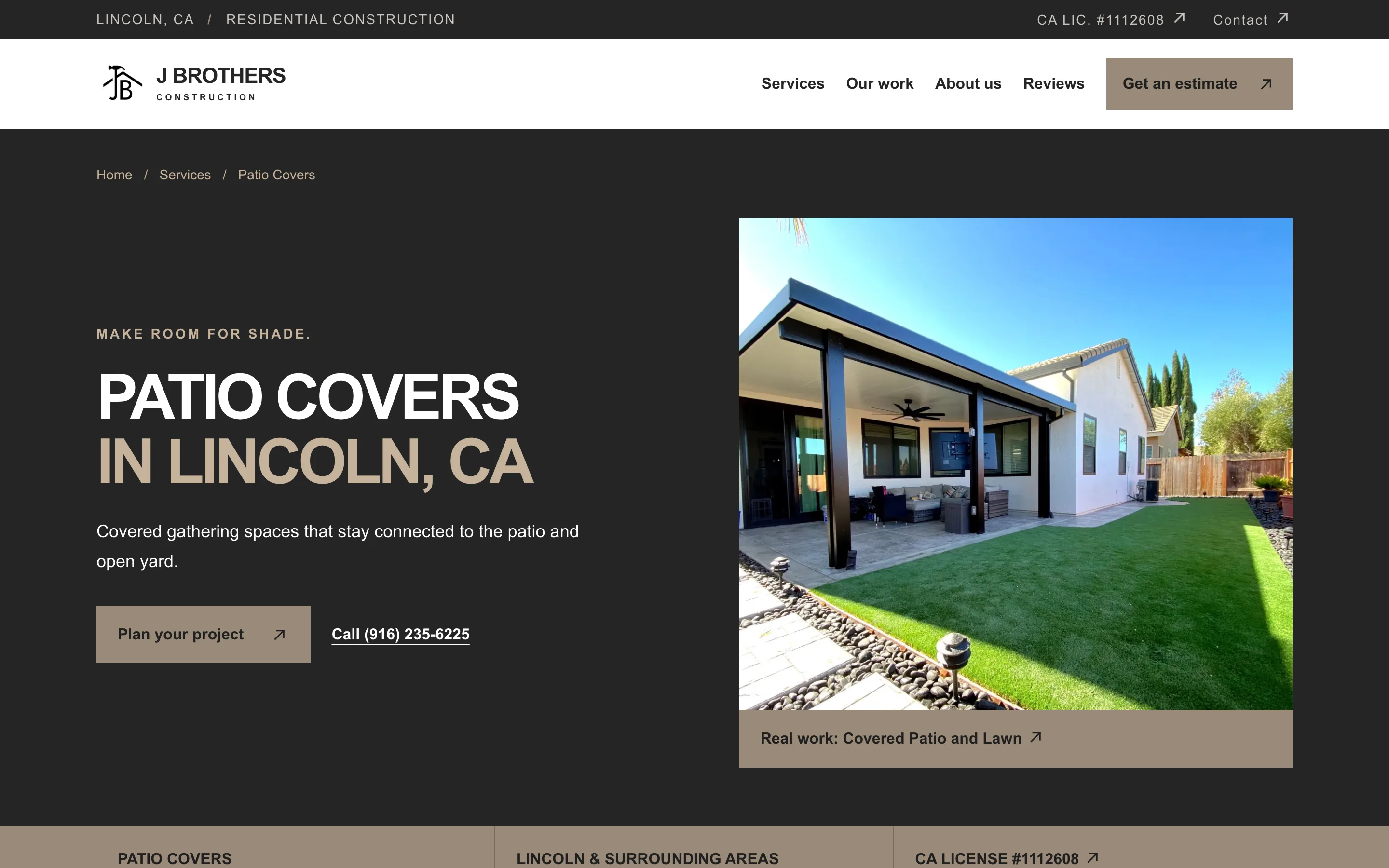 The J Brothers Construction patio covers page with a photo of a finished patio cover