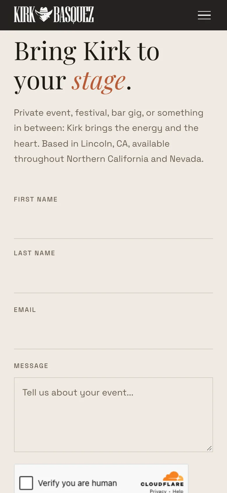 The Kirk Basquez booking form on a phone