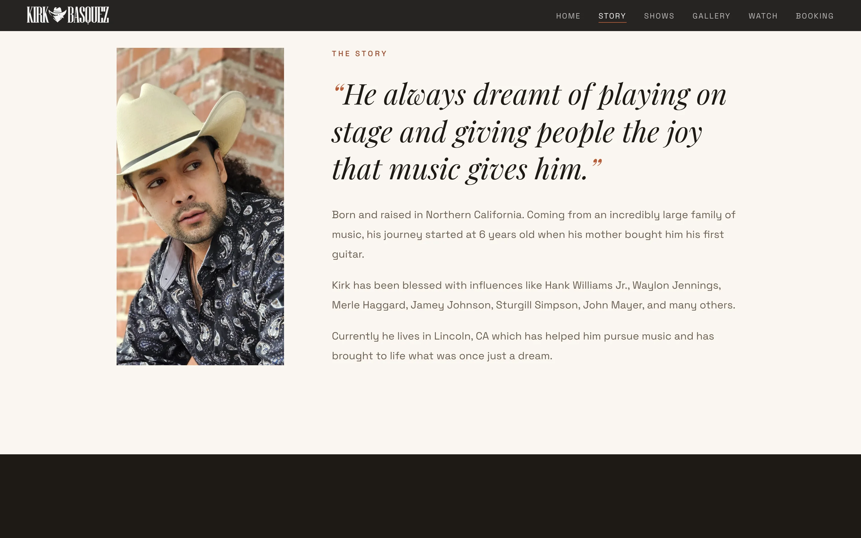 The Kirk Basquez story section with a portrait and a quote about playing on stage