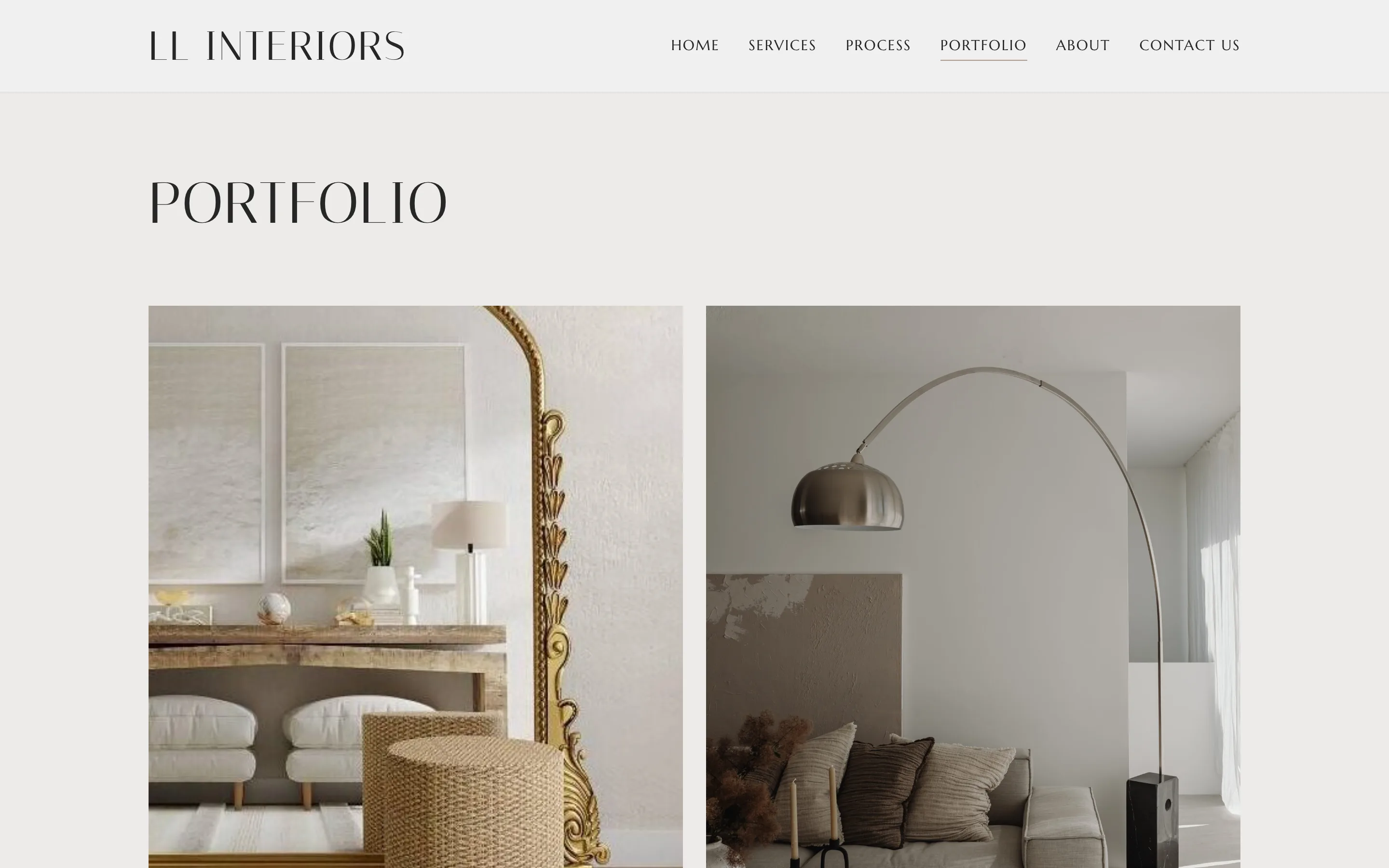 The LL Interiors portfolio page with two photos of styled rooms
