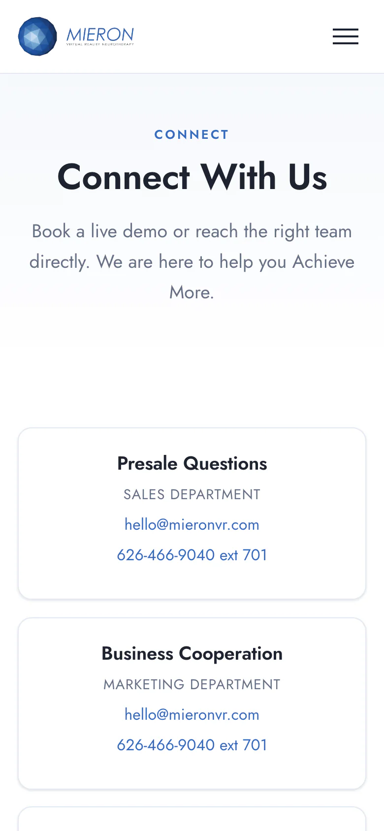 The MieronVR Connect page on a phone, with contact details for each department