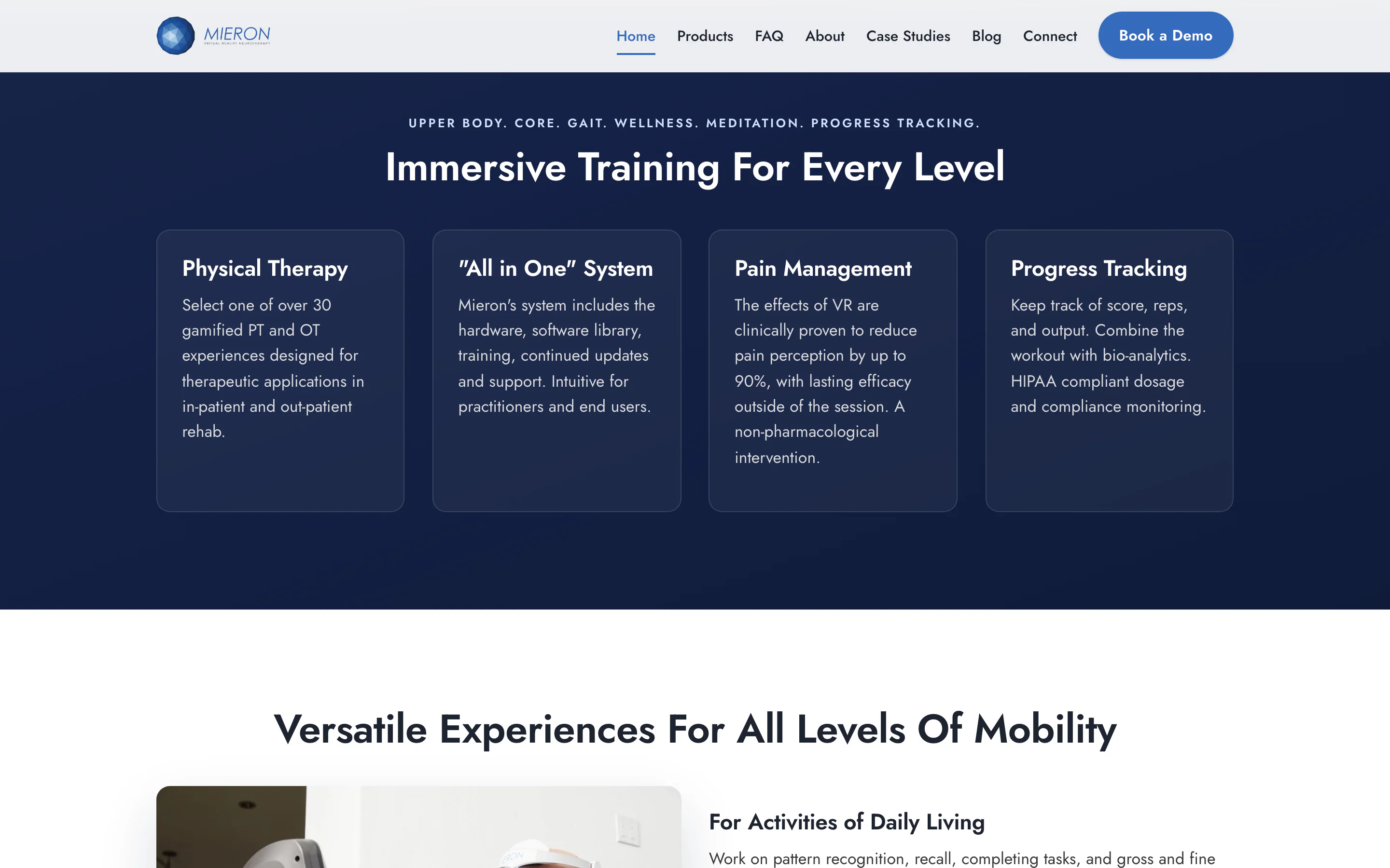The MieronVR Immersive Training For Every Level section with four feature cards