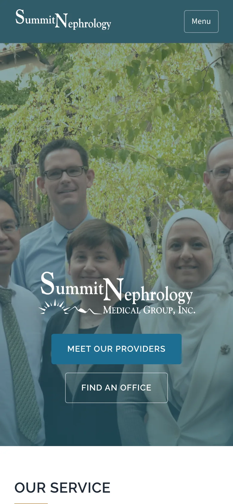 The Summit Nephrology home page on a phone with buttons to meet the providers and find an office