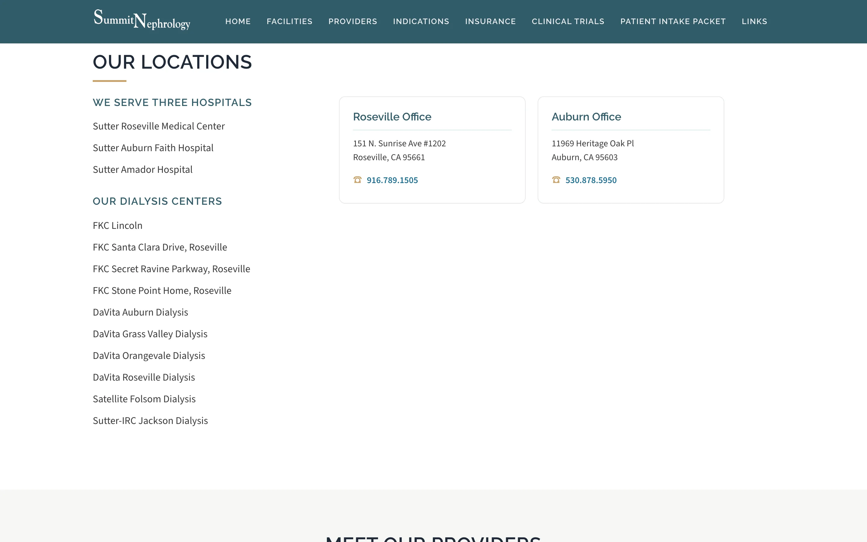 The Summit Nephrology locations section listing hospitals, dialysis centers and both offices