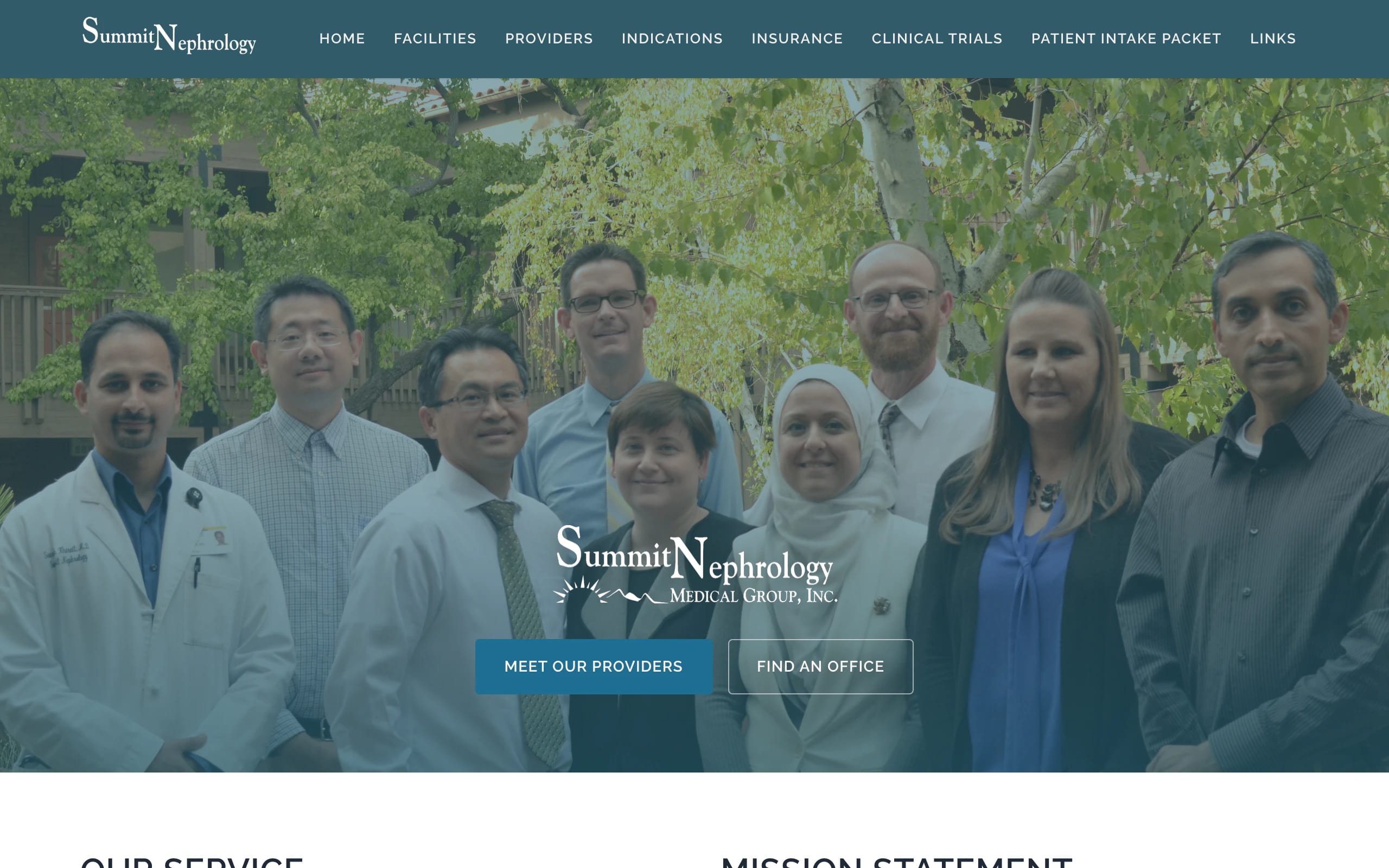 Summit Nephrology website with a photo of the care team and links to providers and offices